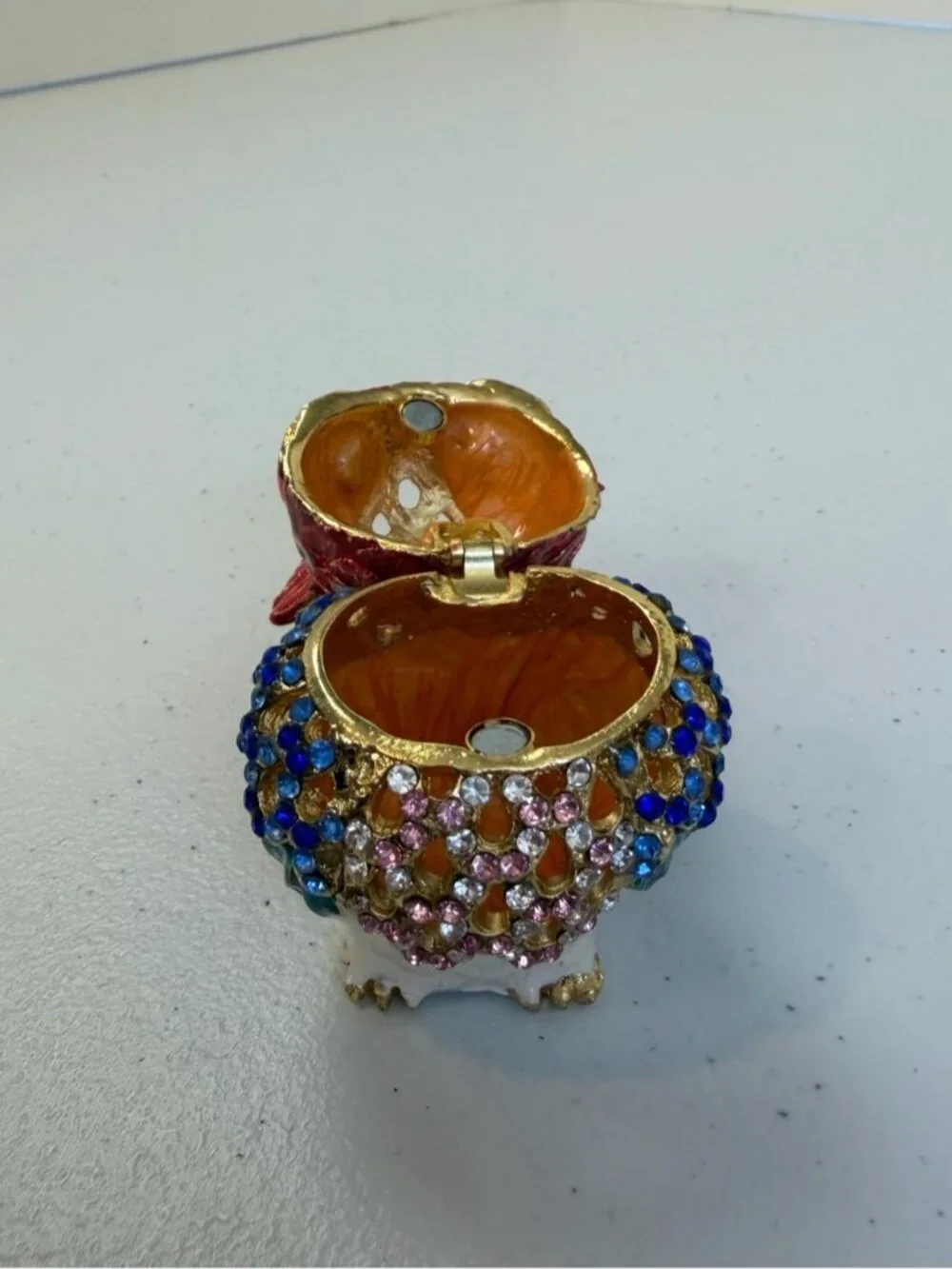 Cloisonné Owl Trinket Box Hinged Jewelry Ring Holder Rhinestone Necklace Red